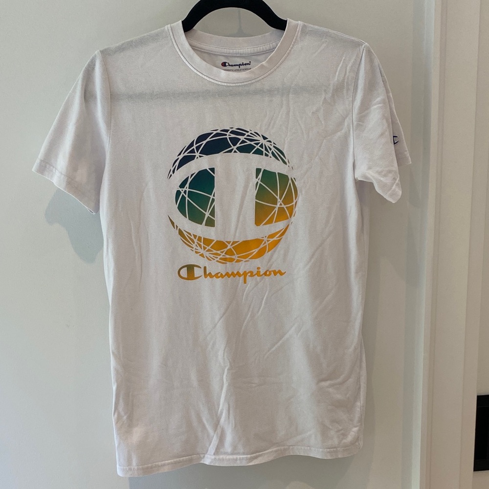 Champion White Tee with Multicolor Logo